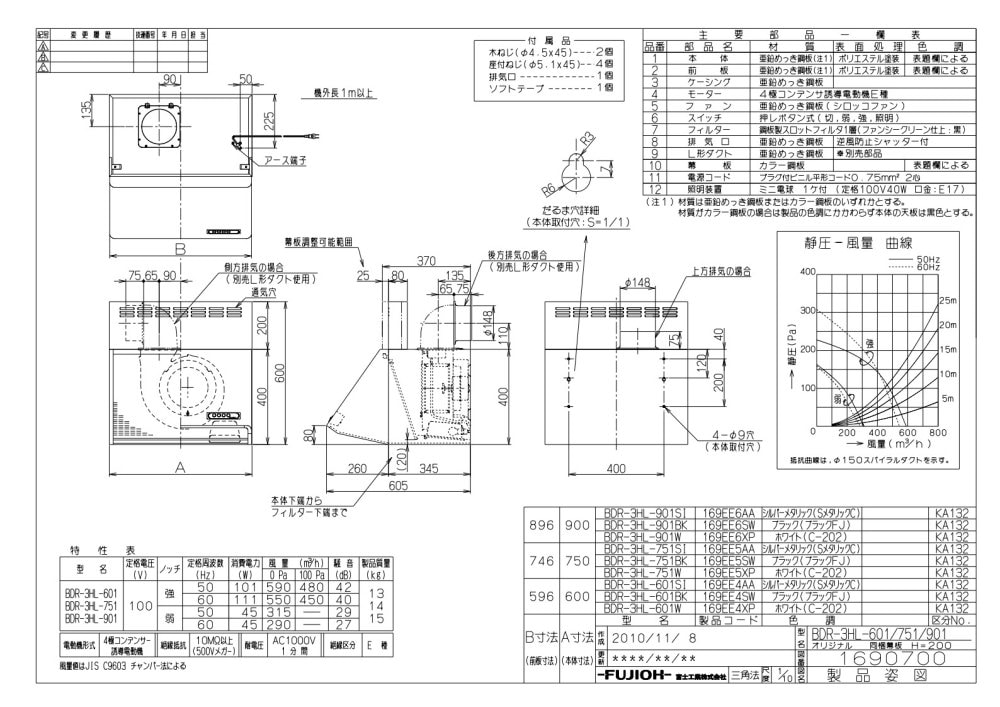 レンジフード 富士工業製（富士工業）BDR-3HL-601SI