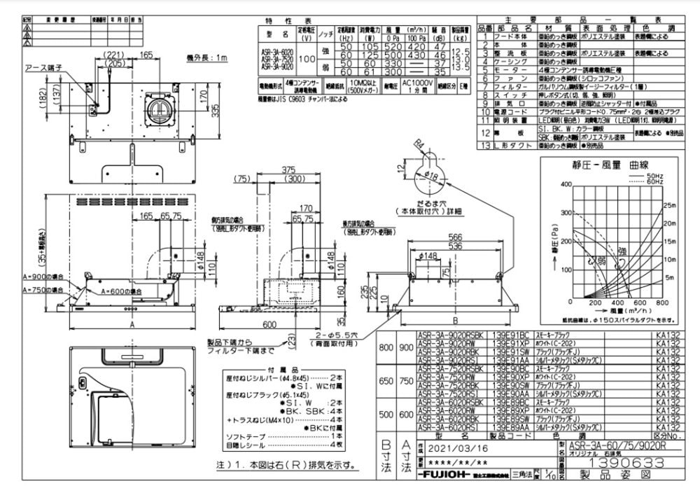 レンジフード 富士工業製（富士工業）ASR-3A-6020R/LSI