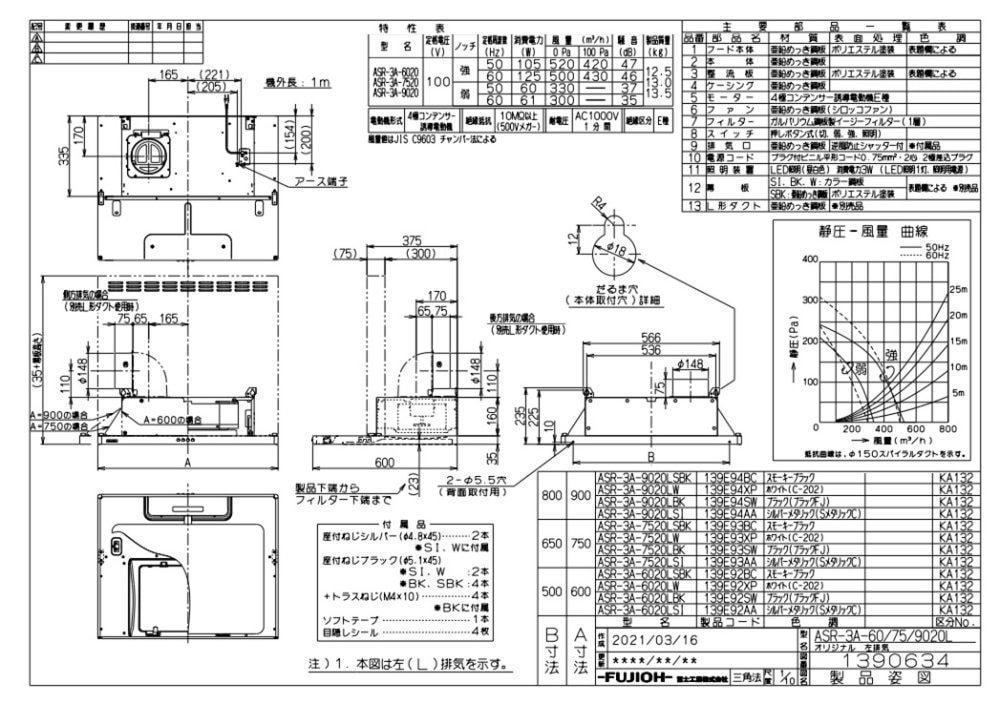 レンジフード 富士工業製（富士工業）ASR-3A-9020R/LSBK スモーキー