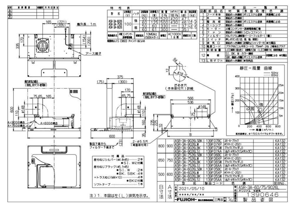 レンジフード 富士工業製（富士工業）ASR-3A-9027R/LSI