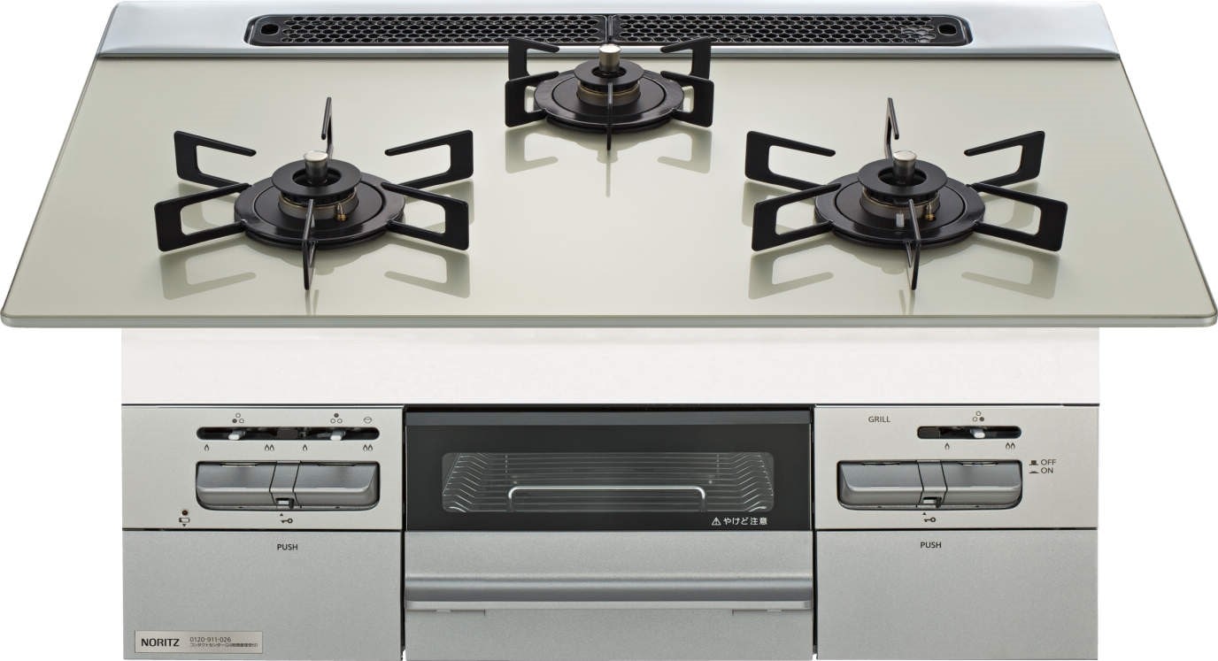 ガスコンロ ノーリツ製（NORITZ）N3WV7RWAP2SIEC　Mikke　ミッケ　間口75cm　3口コンロ　ムーンシルバーガラストップ