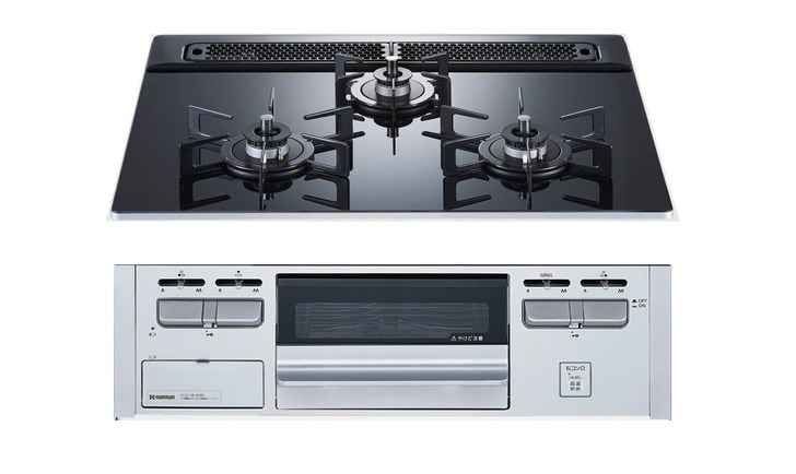 ガスコンロ  ハーマン製（Housetec）DG32V3VP1SV　3口コンロ　ガラストップタイプ　間口60cm　水無し片面焼き