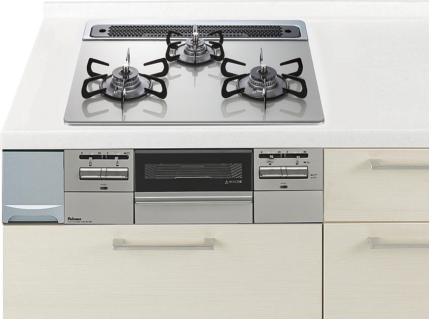 ガスコンロ パロマ製（Panasonic）JUASPD743W　間口60cm　3口コンロ　ガラストップ　両面焼きグリル
