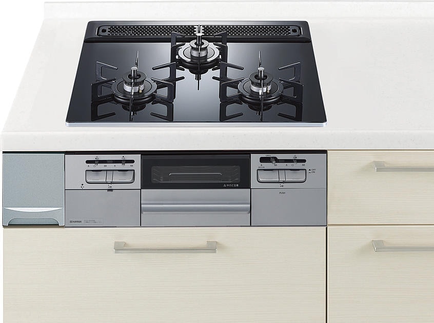 ガスコンロ　ハーマン製（Panasonic）JUASW32V6W　間口60cm　3口コンロ　ガラストップ　両面焼きグリル