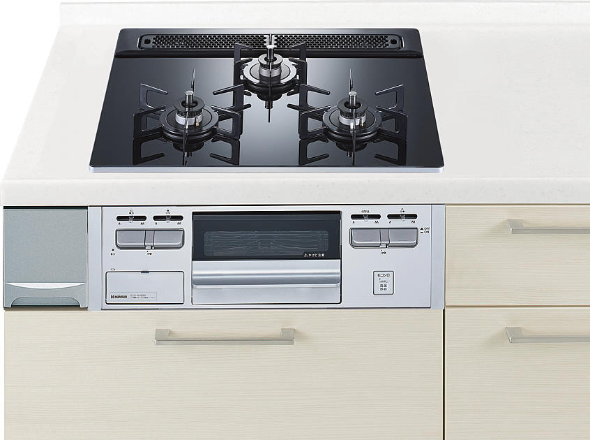 ガスコンロ　ハーマン製（Panasonic）JUAEG32V3V　間口60cm　3口コンロ　ガラストップ　片面焼きグリル