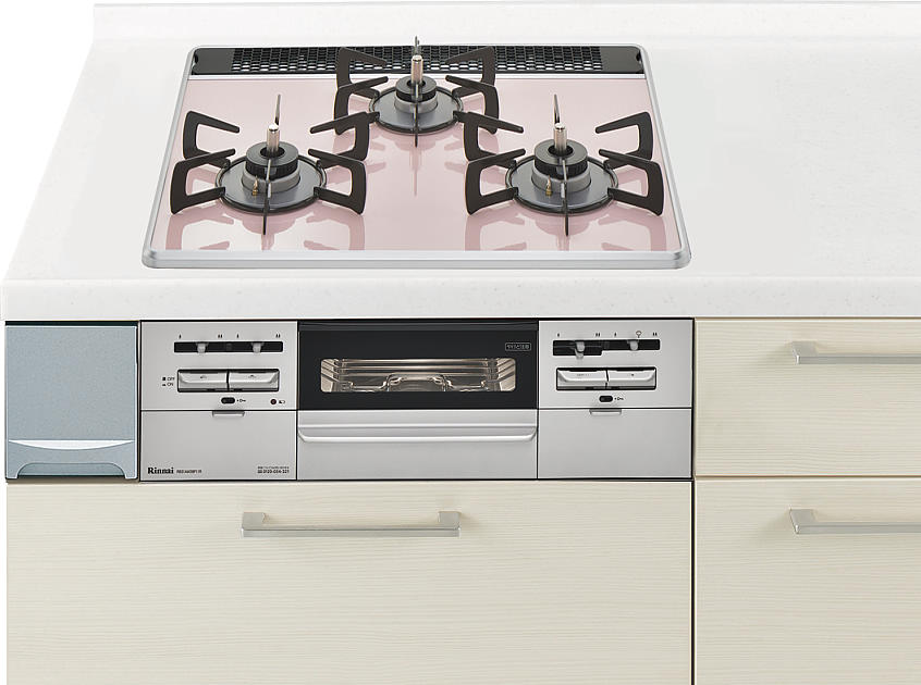 ガスコンロ  リンナイ製（Panasonic）JUASW28P1P　間口60cm　クリアカラートップ　両面焼きグリル　ピンク
