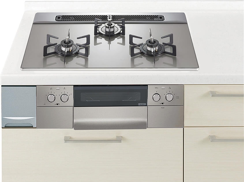 ガスコンロ  ハーマン製（Panasonic）JUGS31U5WH　間口60cm　3口コンロ　ガラストップ　両面焼きグリル