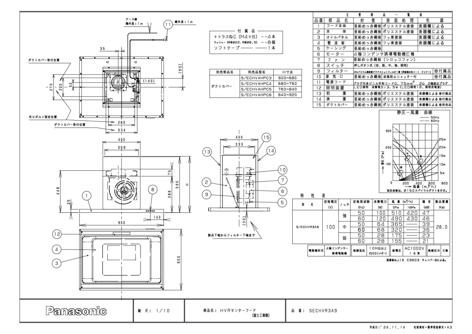 レンジフード 富士工業製（Panasonic）JUGECHVR3A9 ブラック 間口90cm