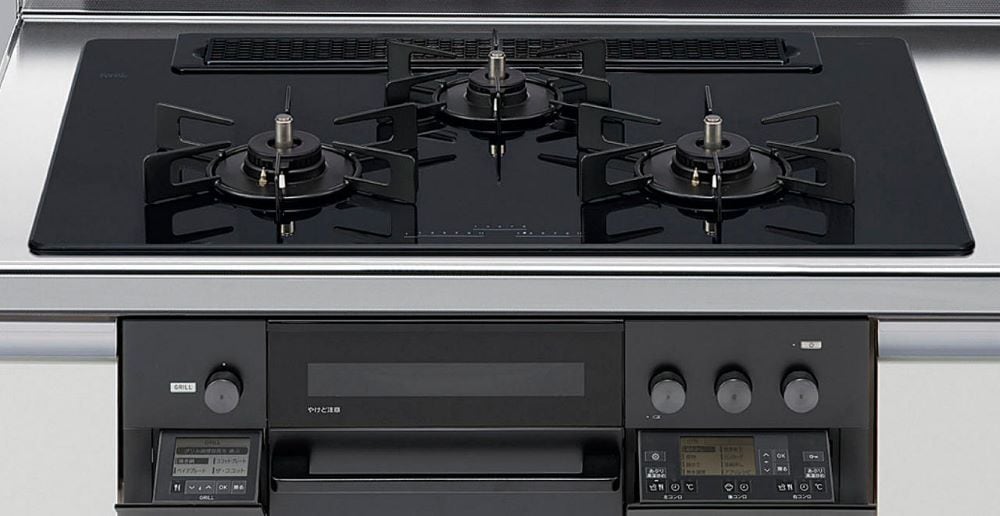 ガスコンロ　リンナイ製（LIXIL）　R3636J1W1K　間口60cm　3口コンロ　ガラストップ　スタイリッシュタイプ　無水両面焼き　ブラック