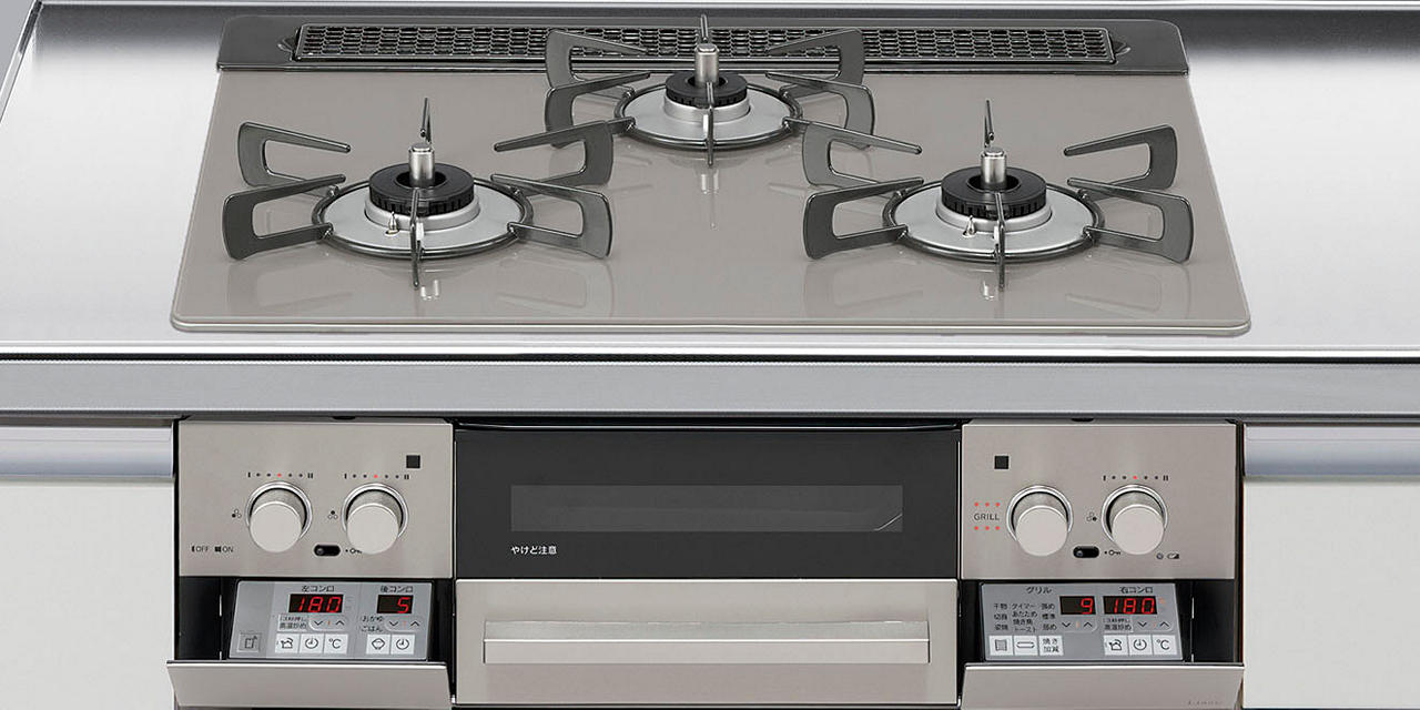 ガスコンロ　リンナイ製（LIXIL）　R3635J1W2T　間口60cm　3口コンロ　ガラストップタイプ　無水両面焼き　シルバー