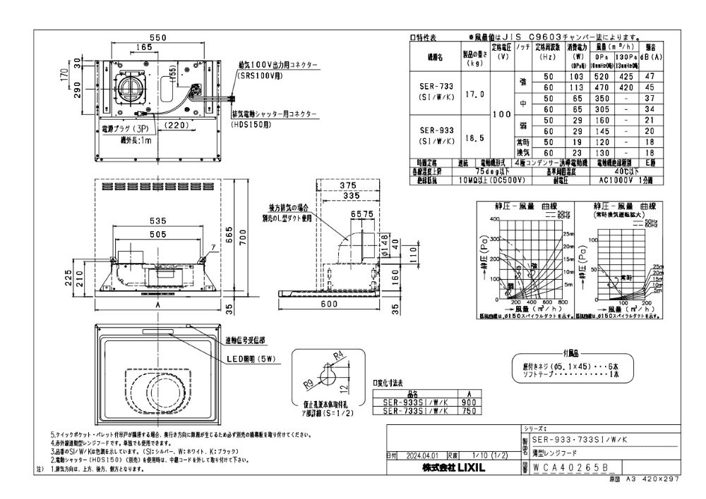 レンジフード 富士工業製（LIXIL） SER-733K 間口75cm ブラック 壁付用