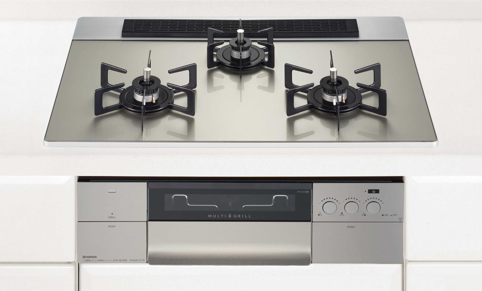 ガスコンロ　ハーマン製(HARMAN)　DS3627WAP2STEC　PROGRE(プログレ)　3口コンロ　間口75cm　クレールシルバー