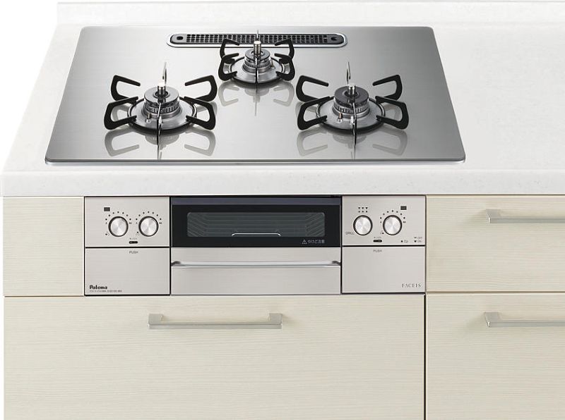 ガスコンロ　ハーマン製（Panasonic）JUASPD89W6　シャインシルバー　間口60cm　3口コンロ　ガラストップ　両面焼きグリル