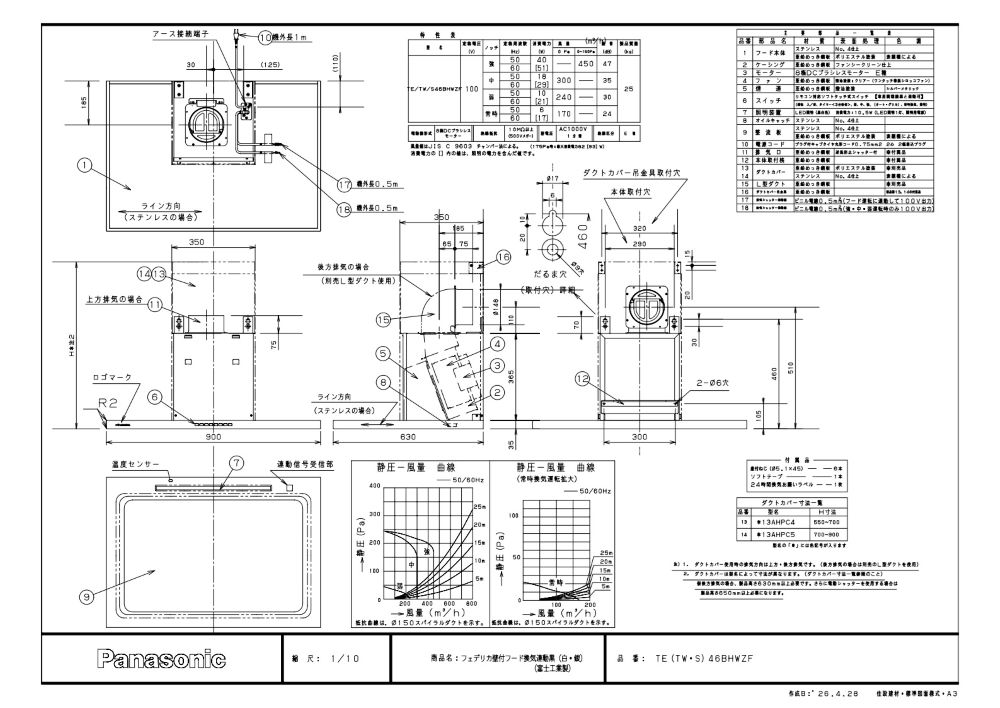 ＊しばっこ＊ページ レンジフード 富士工業製 （Panasonic） JUGS46BHWZF フェデリカ壁付