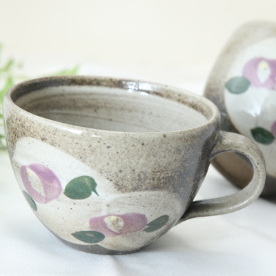 【益子焼】大きめたっぷりサイズ 取っ手付きのカフェオレ スープボウル【むらさき椿・単品1個】