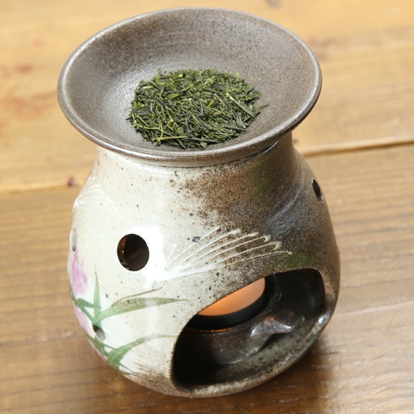 【益子焼】 癒やしの茶香炉セット アロマポット 陶器 炭化焼ススキとリンドウ模様 穴ランダム 大きめサイズ(本体1個・上皿1枚・中皿1枚・ろうそく5個・説明書付き)