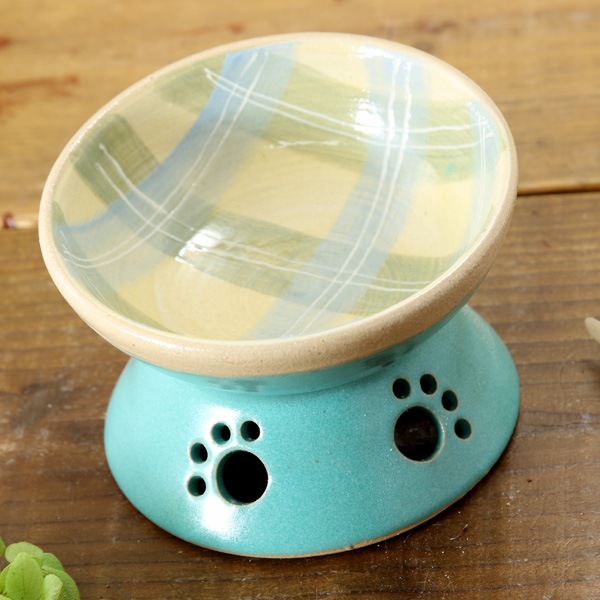 【益子焼】 フードボウル ペット 餌入れ おしゃれ 食器 陶器 釉薬シリーズ グリーン&水色いっちんチェック柄 シスキーグリーン 【単品1個】