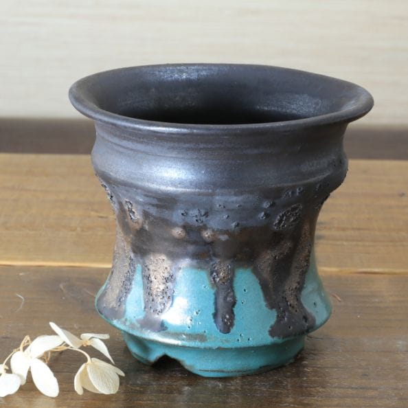 【2026年4月18日20時販売スタート】 3.8号鉢 高さ約10cm 植木鉢 陶器鉢 塊根植物 アガベ サボテン コーデックス 【釉美シリーズ・銅青磁銀河溶岩流】 作家 陶芸家 横山雄一作 一点物