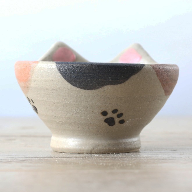 【益子焼】 片口 酒器セット 猫ミミ付き つや消し三毛猫風  肉球 （片口1個、ぐい呑２個のセット）