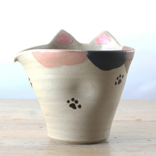 【益子焼】 片口 酒器セット 猫ミミ付き つや消し三毛猫風  肉球 （片口1個、ぐい呑２個のセット）