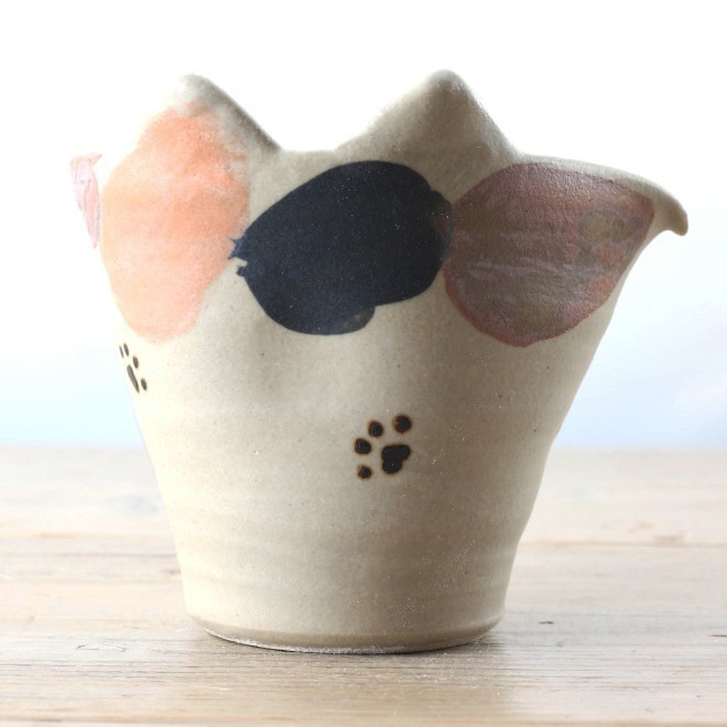 【益子焼】 片口 酒器セット 猫ミミ付き つや消し三毛猫風  肉球 （片口1個、ぐい呑２個のセット）