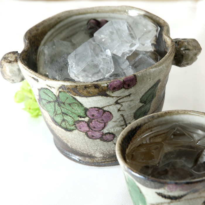 【益子焼】 アウトレットB品 氷入れ アイスペール おしゃれ 布目ぶどう 薪で叩いた持ち手 大きめサイズ 【単品1個】