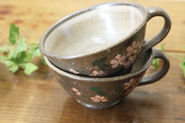 【益子焼】 スープカップ スープボウル 浅め 取っ手付き スープカップ さくら 単品１個