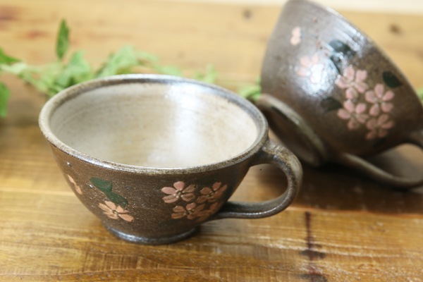 【益子焼】 スープカップ スープボウル 浅め 取っ手付き スープカップ さくら 単品１個