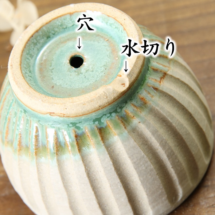 【益子焼】 2.5号鉢 植木鉢 おしゃれ しのぎ 陶器 サイズ小 小さめ 多肉植物 多肉用 ミニ植木鉢【丸形・グリーンななめ掛け＆白系色・単品１個】