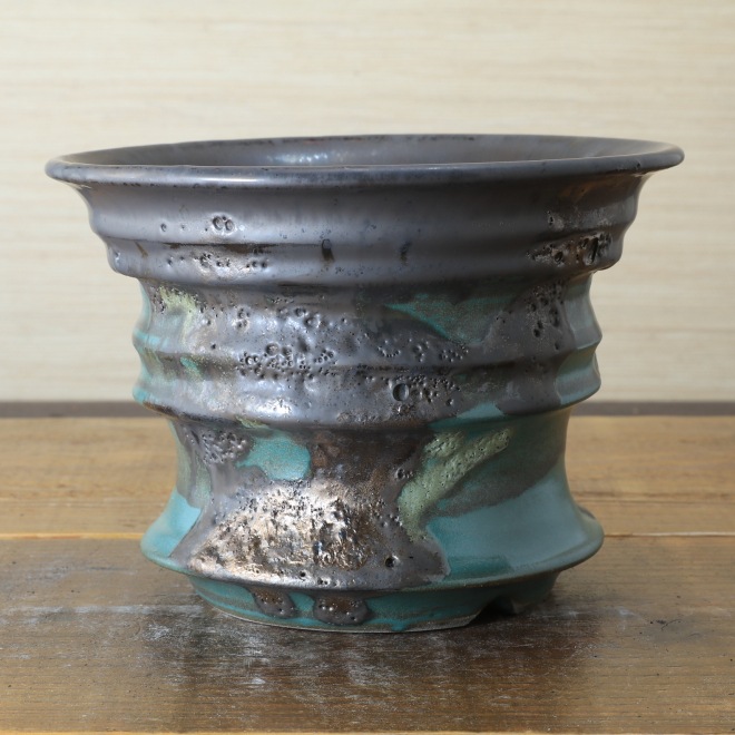 6.1号鉢 高さ約13cm 植木鉢 陶器鉢 塊根植物 アガベ サボテン コーデックス 【釉美シリーズ・銅青磁銀河溶岩流】 作家 陶芸家 横山雄一作 一点物