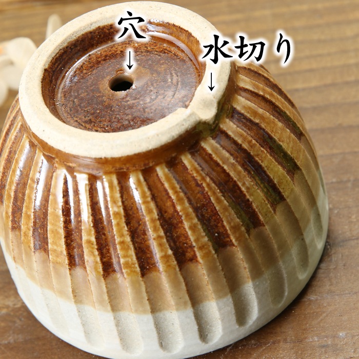 【益子焼】 2.5号鉢 植木鉢 おしゃれ しのぎ 陶器 サイズ小 小さめ 多肉植物 多肉用 ミニ植木鉢【丸形・焦げ茶＆白系色・単品１個】