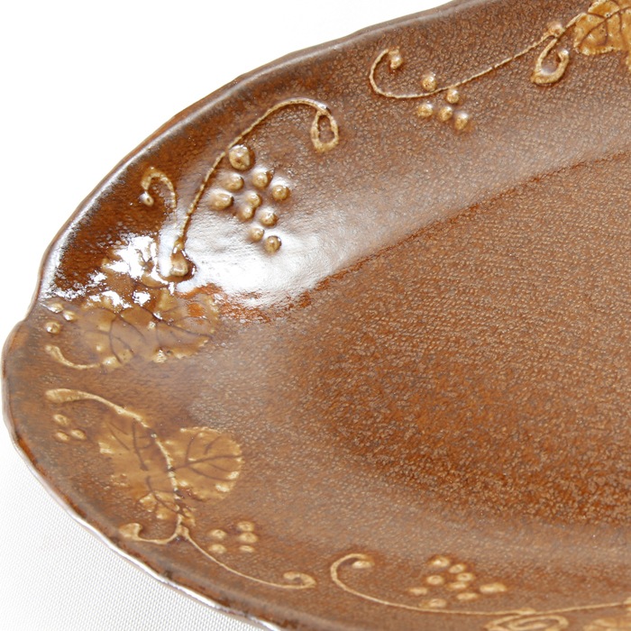 【益子焼】釉薬シリーズ 大きいお皿 オーバルワンプレートボウル いっちんぶどう 約35cm 【益子あめ釉・単品1枚】