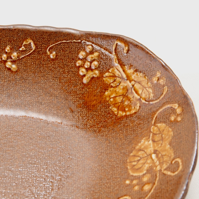 【益子焼】釉薬シリーズ 大きいお皿 オーバルワンプレートボウル いっちんぶどう 約35cm 【益子あめ釉・単品1枚】