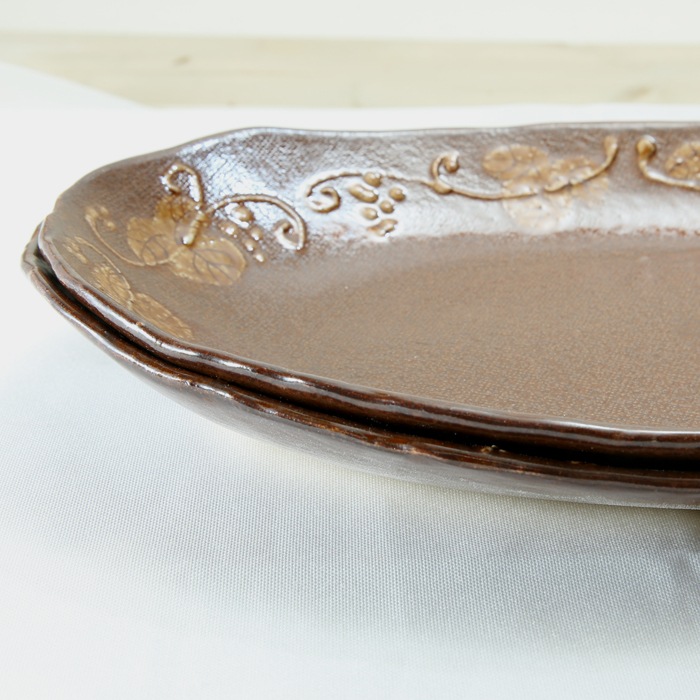 【益子焼】釉薬シリーズ 大きいお皿 オーバルワンプレートボウル いっちんぶどう 約35cm 【益子あめ釉・単品1枚】