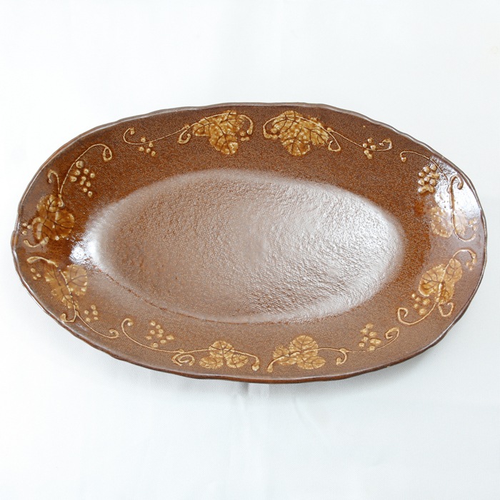 【益子焼】釉薬シリーズ 大きいお皿 オーバルワンプレートボウル いっちんぶどう 約35cm 【益子あめ釉・単品1枚】