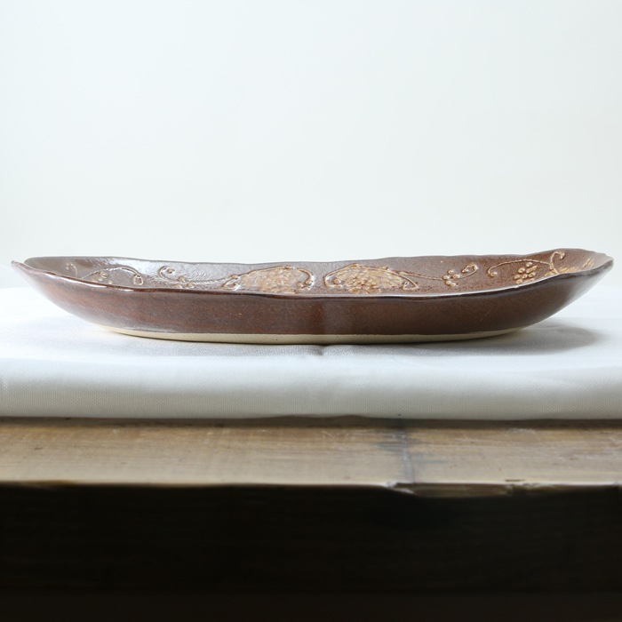 【益子焼】釉薬シリーズ 大きいお皿 オーバルワンプレートボウル いっちんぶどう 約35cm 【益子あめ釉・単品1枚】