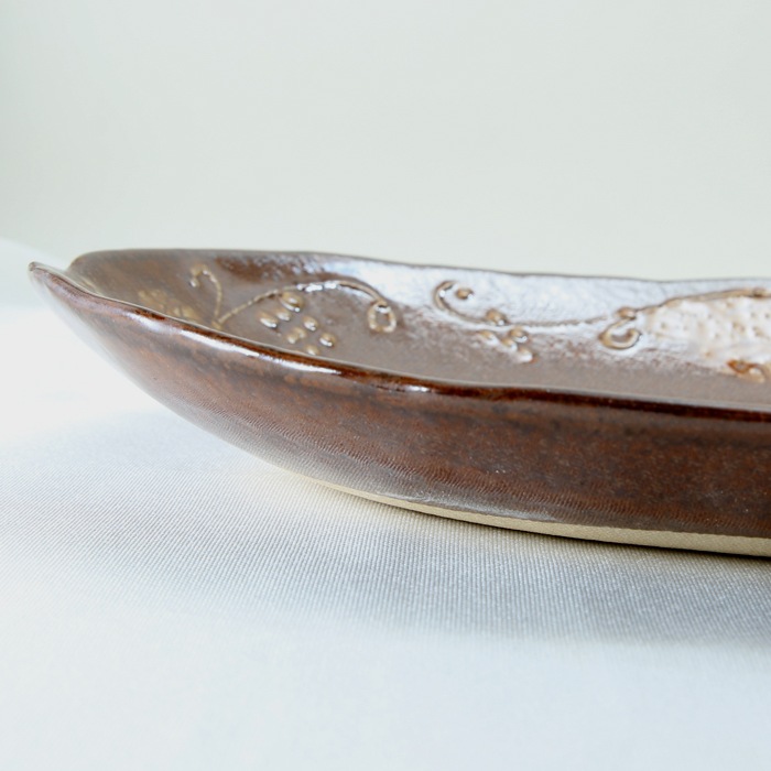 【益子焼】釉薬シリーズ 大きいお皿 オーバルワンプレートボウル いっちんぶどう 約35cm 【益子あめ釉・単品1枚】