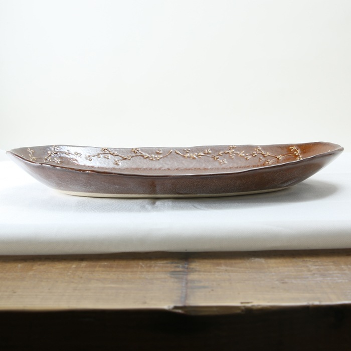【益子焼】釉薬シリーズ　大きいお皿 オーバルワンプレートボウル いっちん小花模様 約35cm　【益子あめ釉・単品１枚】