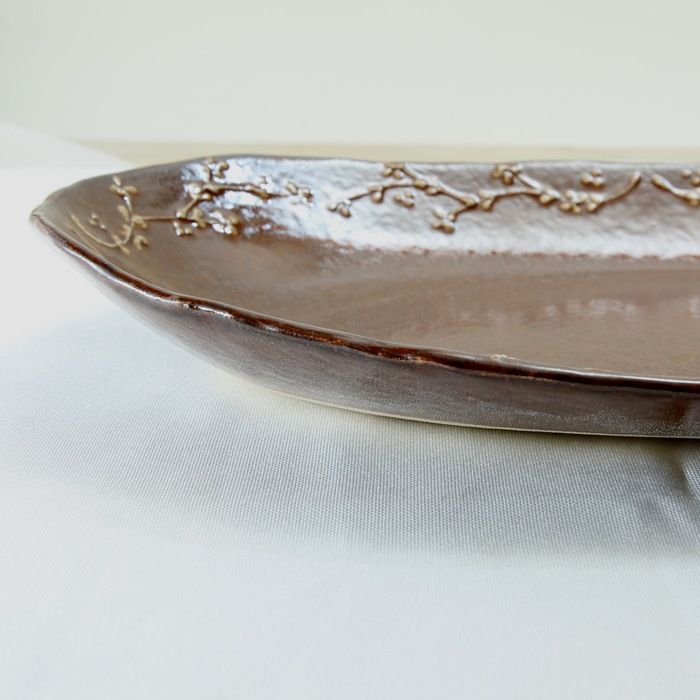 【益子焼】釉薬シリーズ　大きいお皿 オーバルワンプレートボウル いっちん小花模様 約35cm　【益子あめ釉・単品１枚】