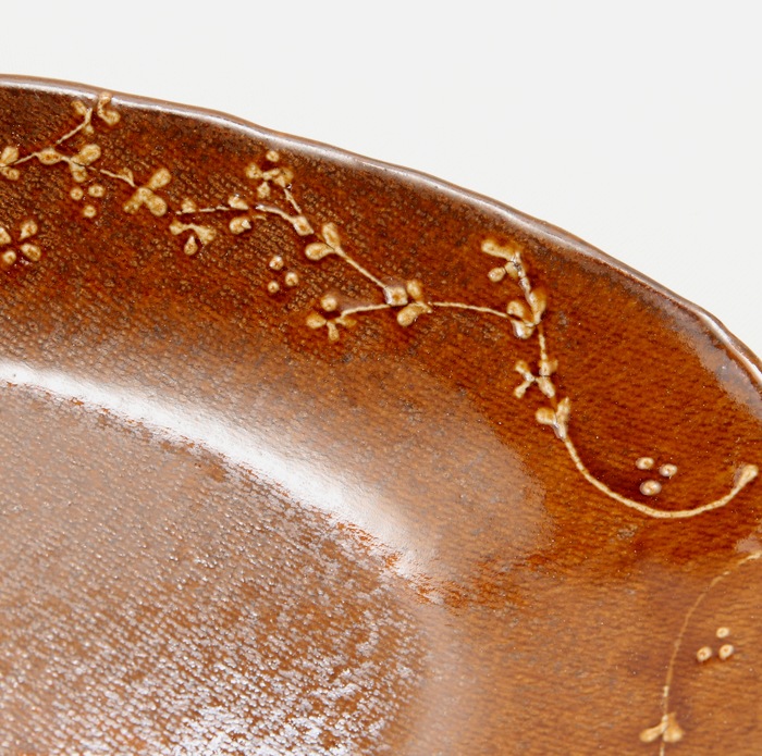 【益子焼】釉薬シリーズ　大きいお皿 オーバルワンプレートボウル いっちん小花模様 約35cm　【益子あめ釉・単品１枚】