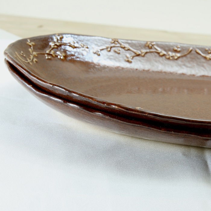 【益子焼】釉薬シリーズ　大きいお皿 オーバルワンプレートボウル いっちん小花模様 約35cm　【益子あめ釉・単品１枚】