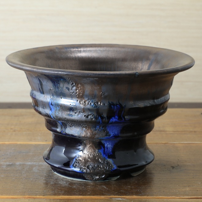 6.1号鉢 高さ約11.5cm 植木鉢 陶器鉢 塊根植物 アガベ サボテン コーデックス 【釉美シリーズ・濃紺釉溶岩流鉢】 作家 陶芸家 横山雄一作 一点物