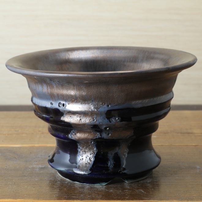 6.1号鉢 高さ約11.5cm 植木鉢 陶器鉢 塊根植物 アガベ サボテン コーデックス 【釉美シリーズ・濃紺釉溶岩流鉢】 作家 陶芸家 横山雄一作 一点物
