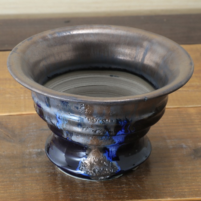 6.1号鉢 高さ約11.5cm 植木鉢 陶器鉢 塊根植物 アガベ サボテン コーデックス 【釉美シリーズ・濃紺釉溶岩流鉢】 作家 陶芸家 横山雄一作 一点物