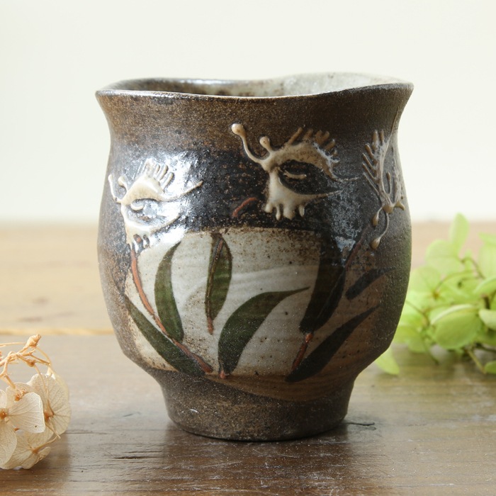 【益子焼】さぎ草模様の夫婦湯呑み【夫婦ペアセット】