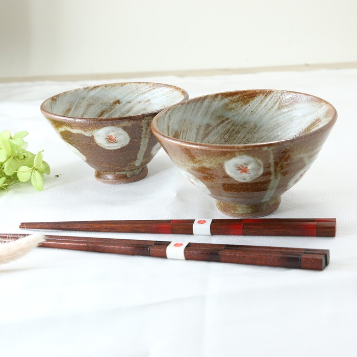 【益子焼】　【ギフトセット】  益子焼陶芸家 木村世傑作 小花模様 夫婦茶碗  夫婦箸 合計4点セット