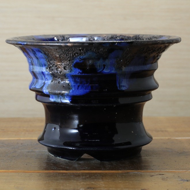 6.5号鉢 高さ約13cm 植木鉢 陶器鉢 塊根植物 アガベ サボテン コーデックス 【濃紺瑠璃溶岩流シリーズ】 作家 陶芸家 横山雄一作 一点物