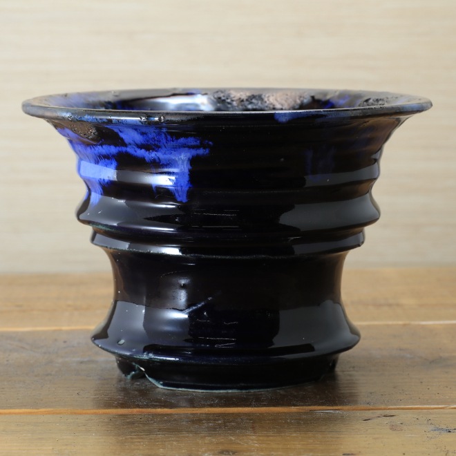 6.5号鉢 高さ約13cm 植木鉢 陶器鉢 塊根植物 アガベ サボテン コーデックス 【濃紺瑠璃溶岩流シリーズ】 作家 陶芸家 横山雄一作 一点物