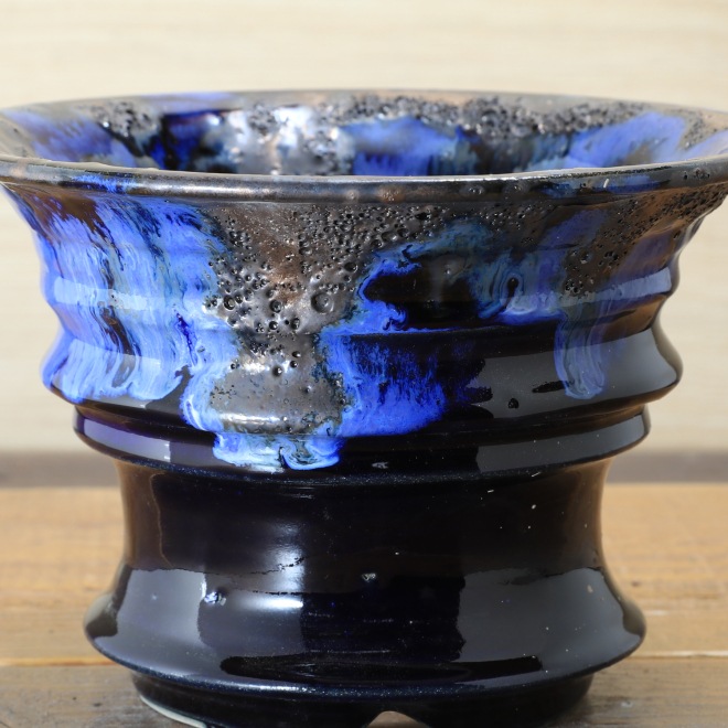6.5号鉢 高さ約13cm 植木鉢 陶器鉢 塊根植物 アガベ サボテン コーデックス 【濃紺瑠璃溶岩流シリーズ】 作家 陶芸家 横山雄一作 一点物