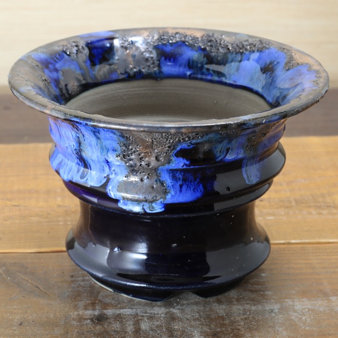 6.5号鉢 高さ約13cm 植木鉢 陶器鉢 塊根植物 アガベ サボテン コーデックス 【濃紺瑠璃溶岩流シリーズ】 作家 陶芸家 横山雄一作 一点物